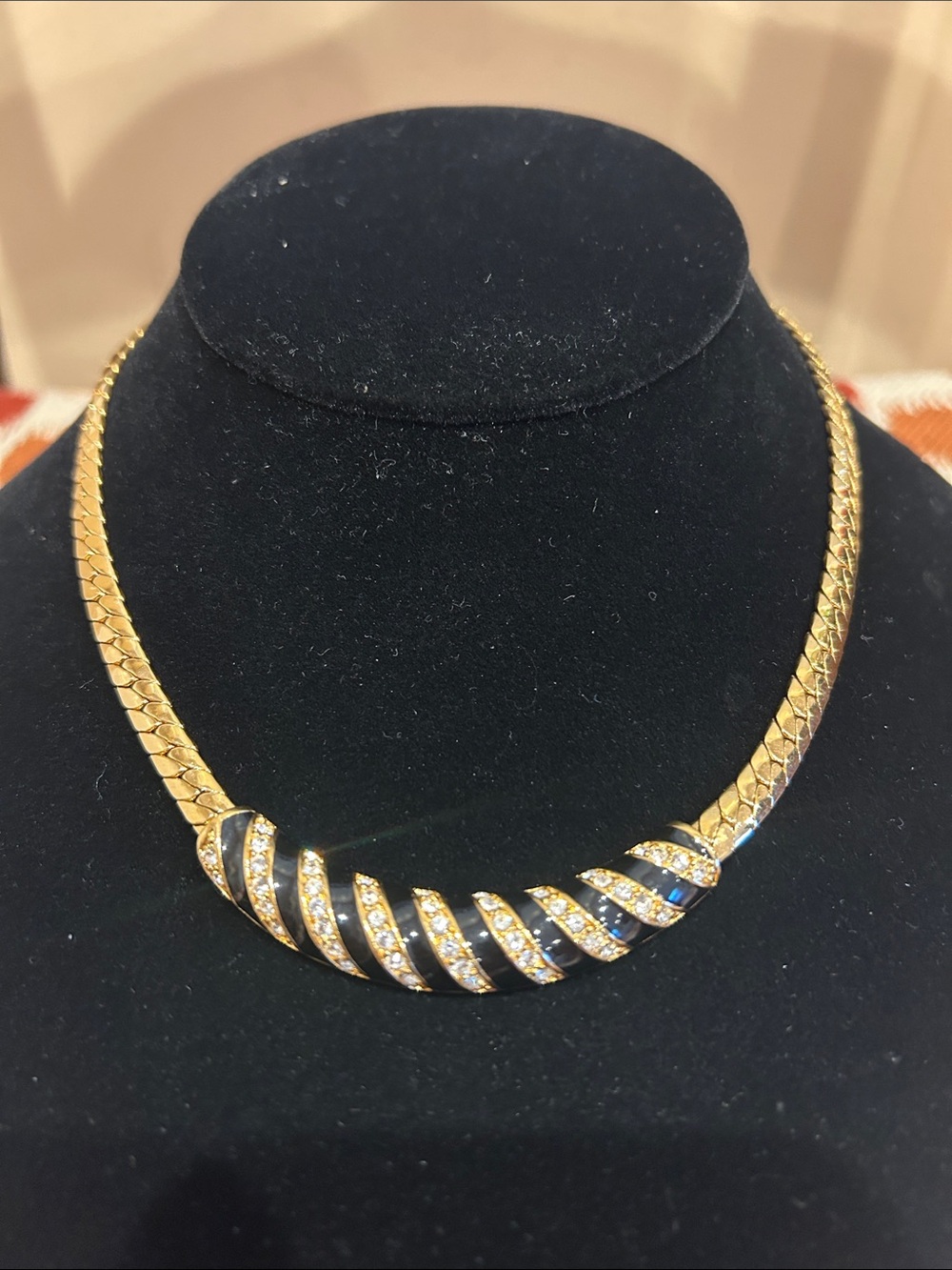 Vintage Swarovski Gold Tone Black Enamel Clear Crystal Collar Necklace